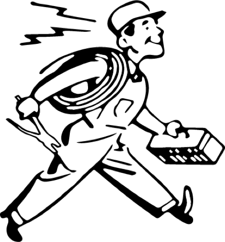 Old Town Electric mascot - a 1940s cartoon electrician running with a panel and wires